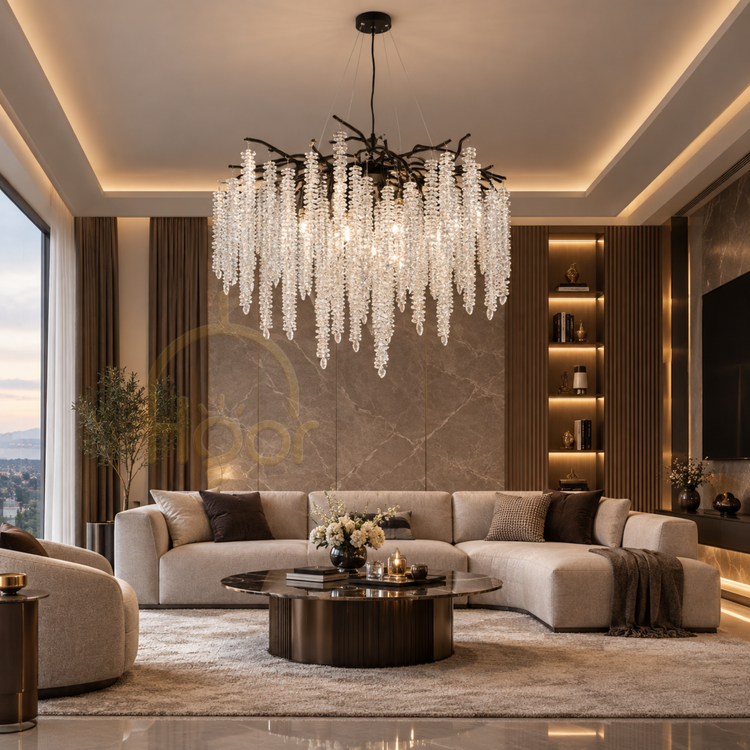 لوستر درختی قطر ۶۰ مشکی با کریستال نباتی